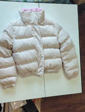 Cream Corduroy w/ Pink Lining Puffer Jacket - Girls' Size L